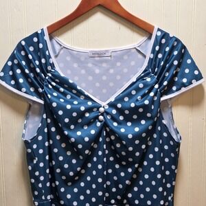 MISLOOK Dress Womens 3XL Blue Polka Dot V‎ Neck Ruched Fit & Flare Midi Casual